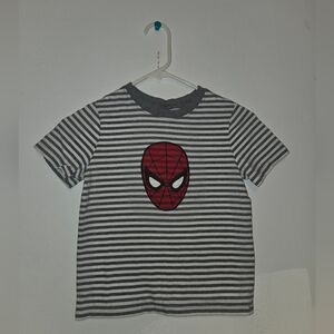 Hanna AnderssonMarvel Striped Gray and White Kids Shirt with Red Spider-Man Logo
